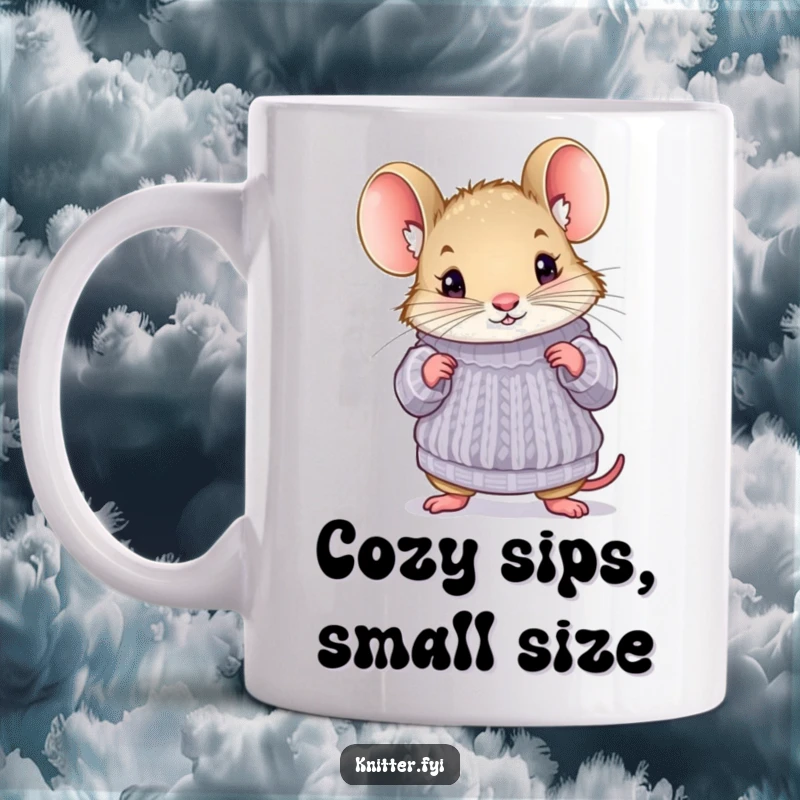Funny mouse mug with a curious expression, trying on a miniature knitted sweater, adorable and humorous item.