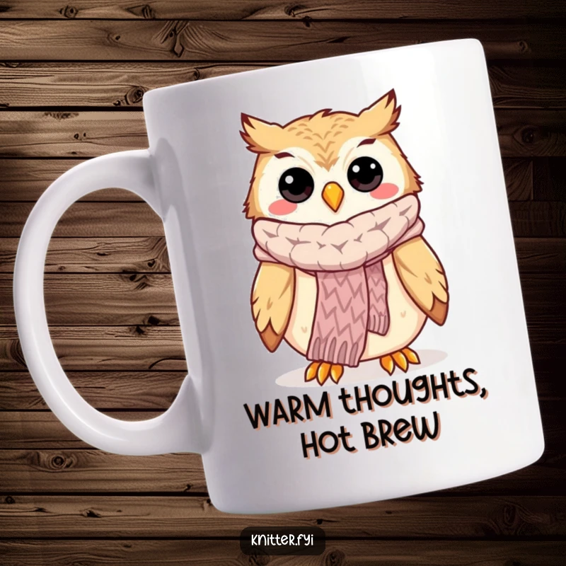 Funny owl knitter mug with a happy owl proudly showing off a beautifully knitted scarf, celebrating craft.
