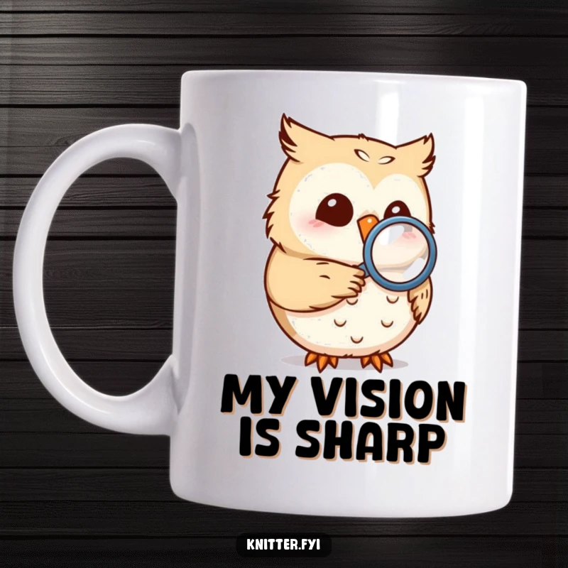 Funny owl mug with a magnifying glass inspecting a tiny seam, showcasing its humorous, detail-oriented personality.