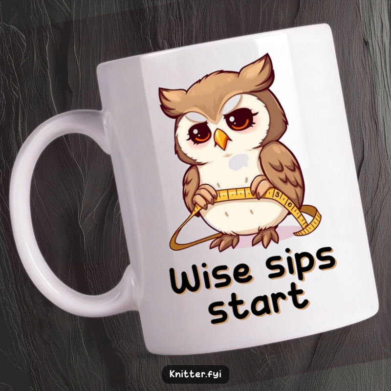 Funny mug with a determined owl character expertly measuring fabric with a tiny, shiny tape measure, showcasing precision and focus.