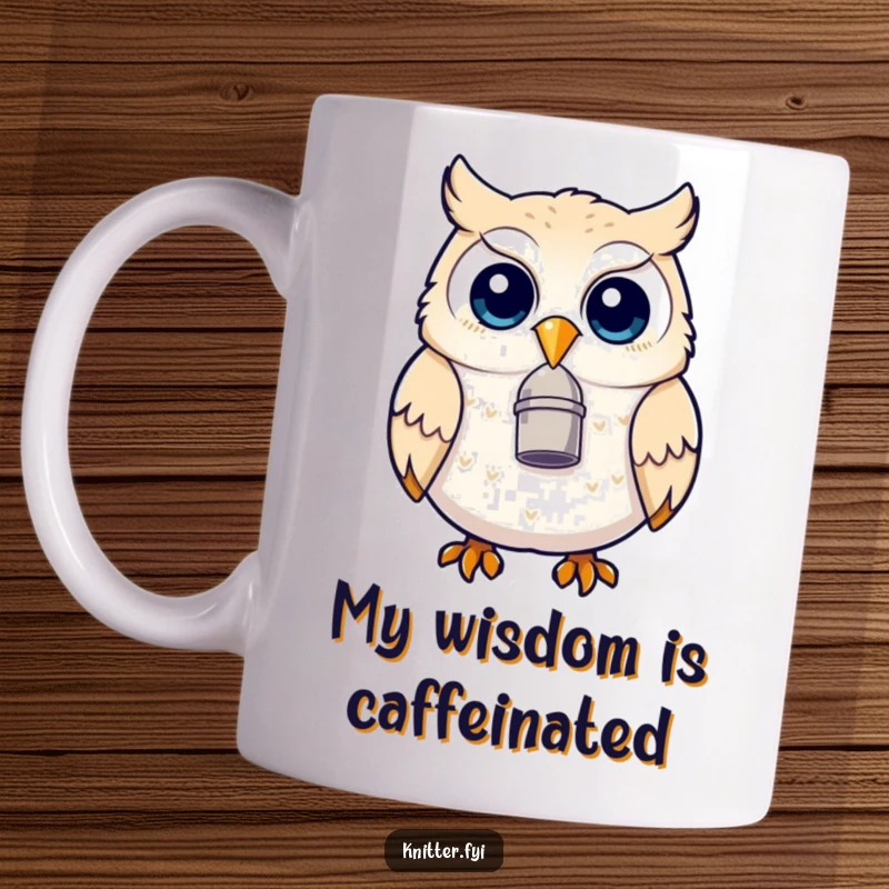 Funny owl mug with a thimble on its beak, looking delighted and ready for a sewing project, perfect for crafters.