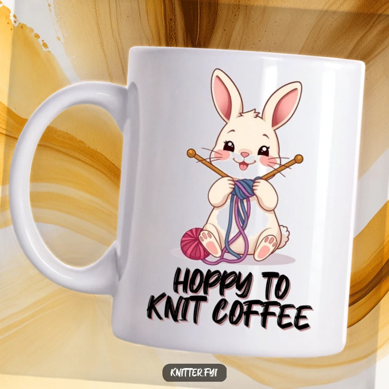 Funny rabbit mug with a cheerful bunny happily winding yarn around knitting needles, engrossed in its craft.