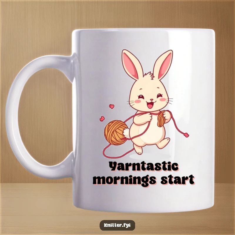 Funny rabbit mug, a cheerful bunny with yarn trailing, hopping playfully while knitting, cute and crafty.