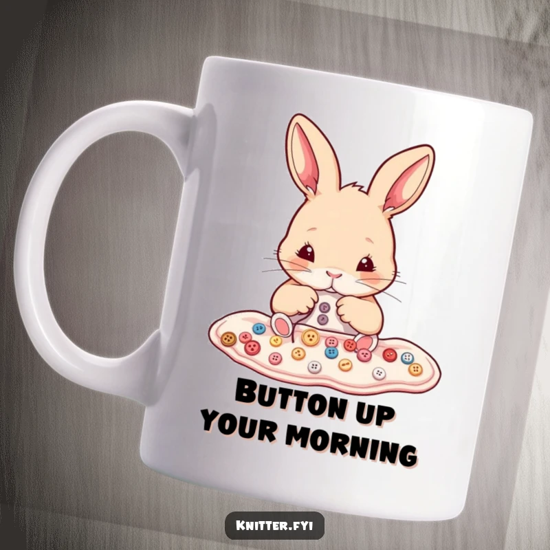 Funny rabbit mug showing a determined bunny carefully sewing tiny buttons onto fabric with precision. A crafter's delight.