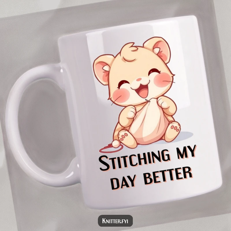 Funny mug showing a delighted creature with tiny paws expertly guiding a needle through soft cloth, focused on its craft.