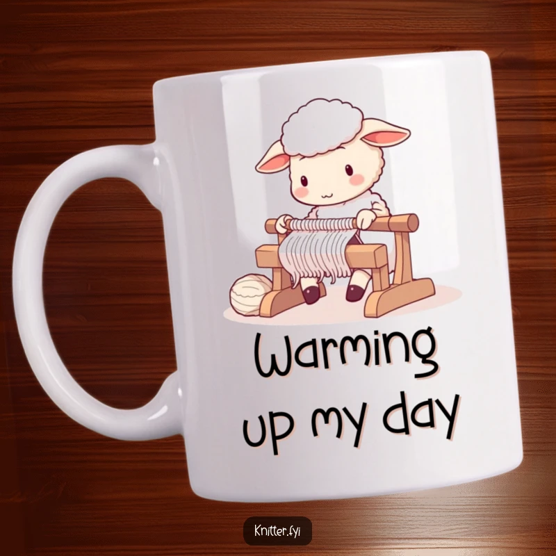 Cute sheep character diligently operating a large, clacking knitting loom, on a mug.