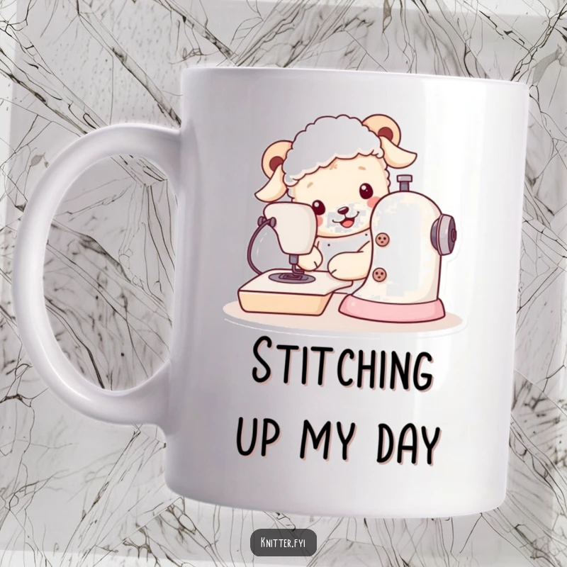 Funny sheepdog mug with a smiling character meticulously sewing on a machine with giant buttons, capturing the joy of crafting.