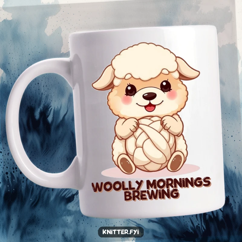 Funny sheepdog mug, a fluffy dog happily spinning a ball of wool with its paws, adorable and crafty.