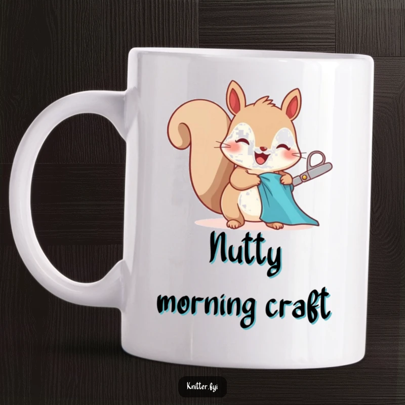 Funny squirrel mug character, happily cutting fabric with tiny scissors, celebrating crafting and sewing.