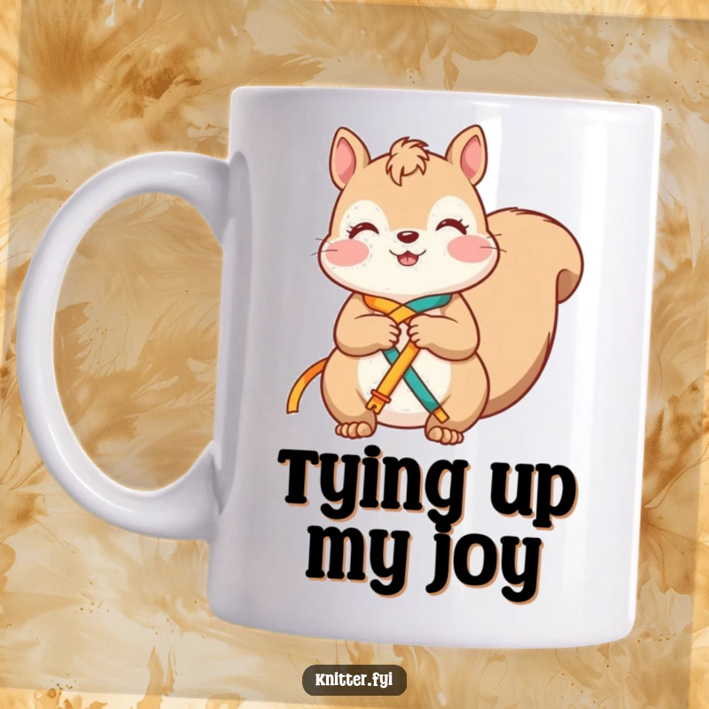 Funny squirrel mug with a contented character happily knotting together bright, colorful ribbons with a cheerful expression.