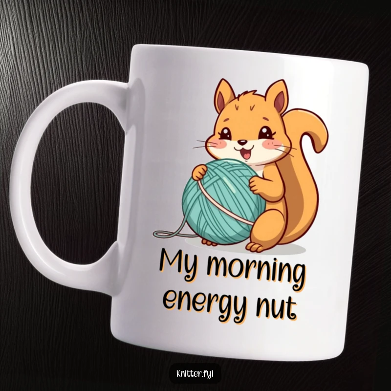 Funny squirrel mug showing a cheerful critter enthusiastically winding colorful yarn into a neat, perfect ball.