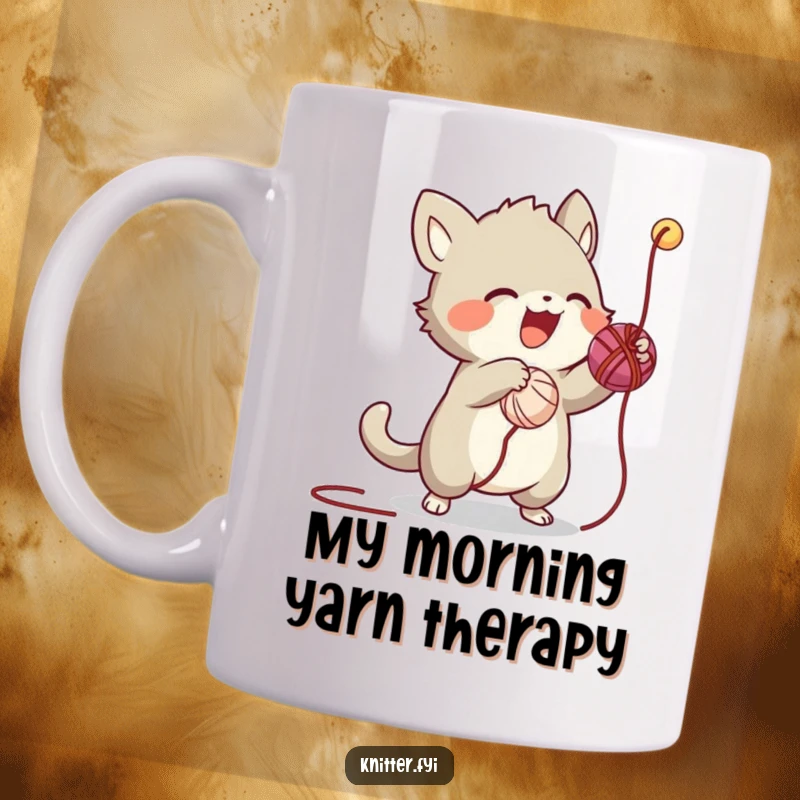 Funny mug showing an energetic creature gleefully batting a dangling thread from a ball of yarn, embodying playful mischief.