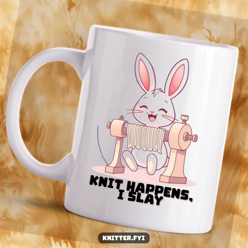 Funny bunny mug showing a happy rabbit grinning while operating a large, industrial knitting machine with delight.