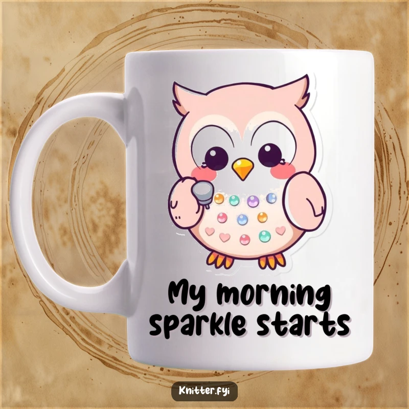 Funny Kawaii owl wearing glasses, carefully tapping a sequin with a thimble, a charming and humorous mug for crafters.