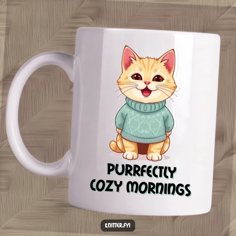 Funny mug showcasing a delighted cat looking cozy and proud in a tiny, handmade knitted sweater. Adorable and humorous, a perfect funny gift.
