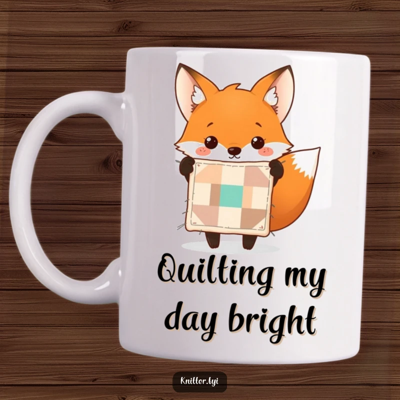 Funny fox mug featuring a cheerful fox proudly holding up a perfectly stitched tiny quilt. Ideal for quilters.