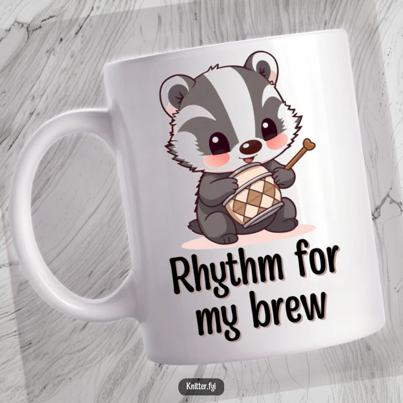 Funny badger drummer mug showing a mischievous badger energetically drumming on a tiny thimble, celebrating rhythm.