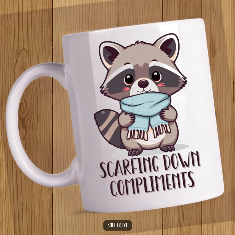 Funny Kawaii raccoon looking proud, displaying a perfectly stitched tiny scarf it just finished, a humorous mug for creators.