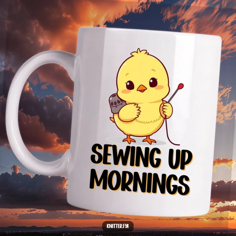 Funny chick mug, a bright yellow chick wearing a tiny thimble, eagerly pushing a needle, sewing with determination.