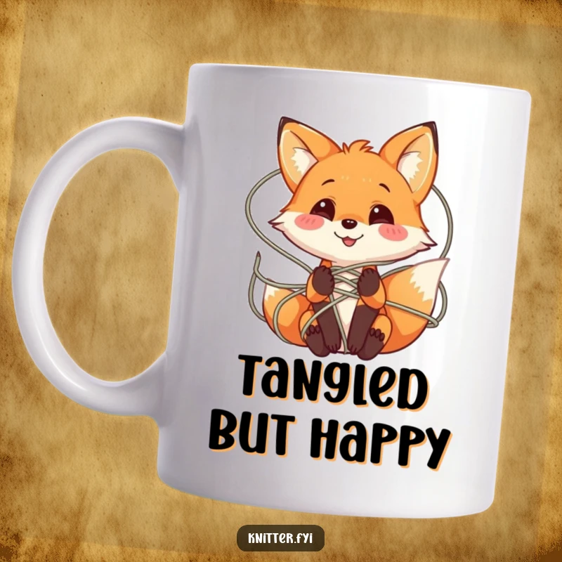 Funny Fox Yarn Mug with a playful fox character smiling while tangled in a web of colorful yarn, ideal for crafters.