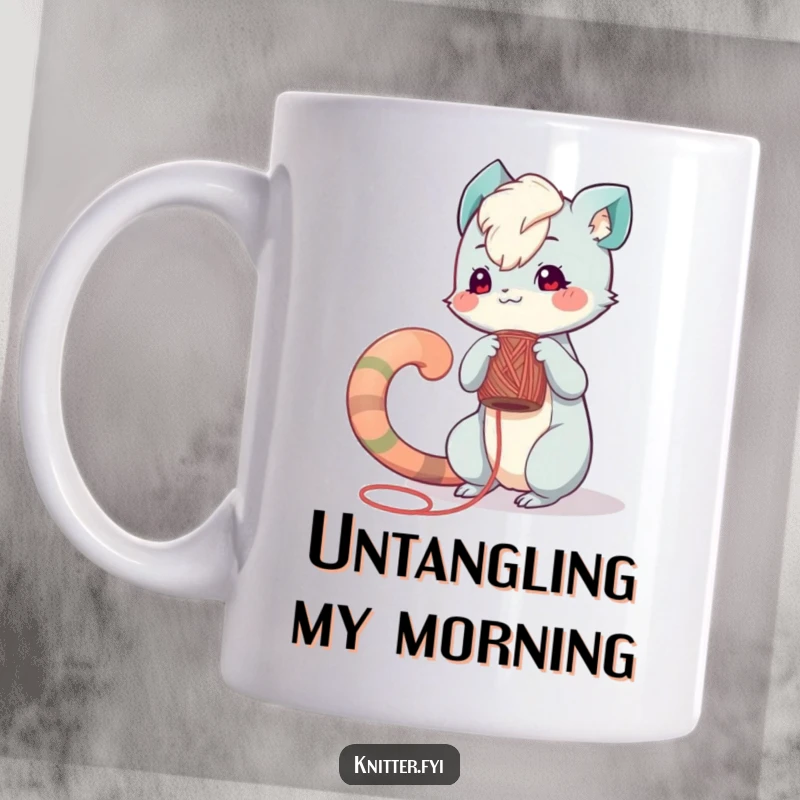 Funny mug: A playful creature with a long tail carefully winds colorful yarn around a spool, depicting a focus on crafting.