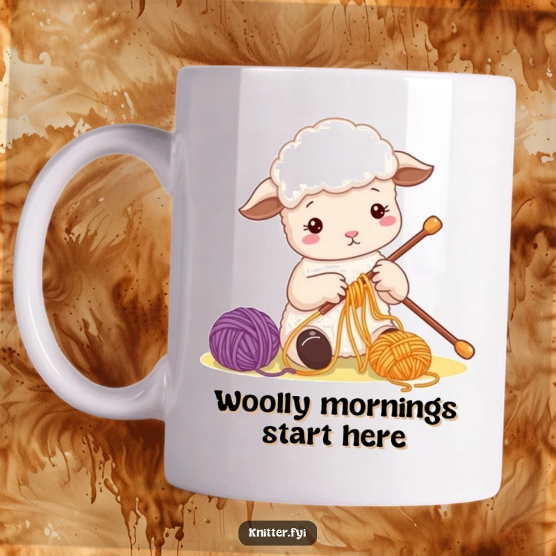 Funny Sheep Mug with a cute sheep character busily threading colorful yarn onto a large needle, perfect for knitters.