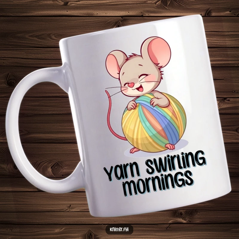 Funny Mug featuring a happy mouse character diligently spinning a large ball of colorful yarn, symbolizing creative joy.