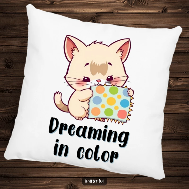 Funny pillow: A curious creature with twitching whiskers examines a colorful pattern swatch, symbolizing thoughtful exploration.
