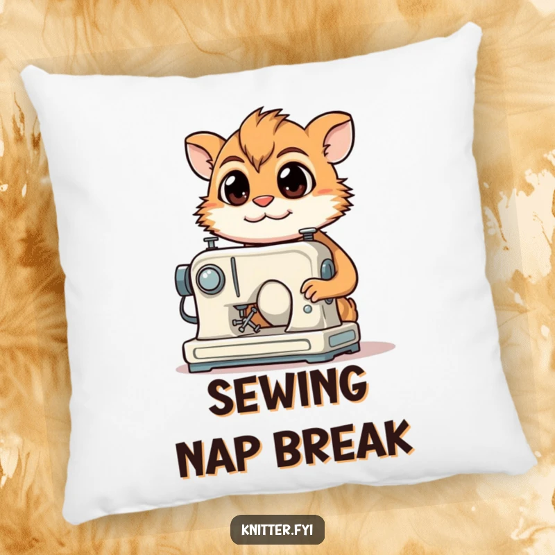 Funny Pillow: A determined creature with a focused gaze smiles while sewing on a miniature machine, bringing comfort.