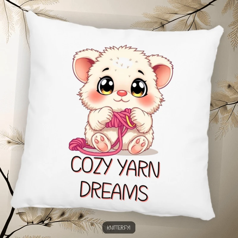 Funny Pillow: A fluffy creature with curious eyes is weaving colorful yarn with its paws, bringing comfort.