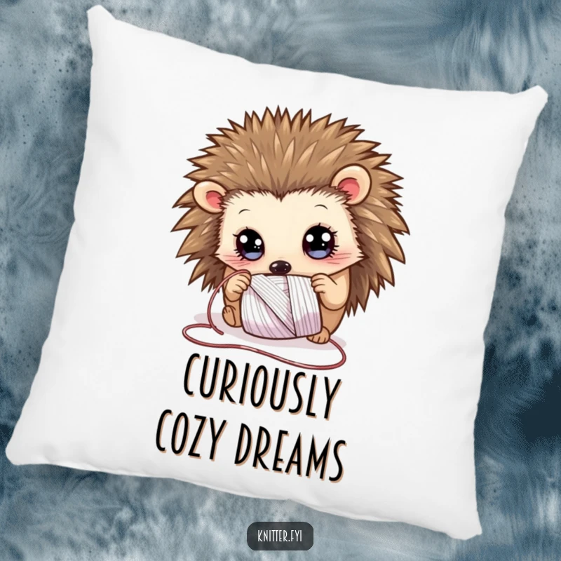 Funny Pillow featuring a curious hedgehog with wide eyes, examining a spool of shimmering thread, offering comfort and charm.