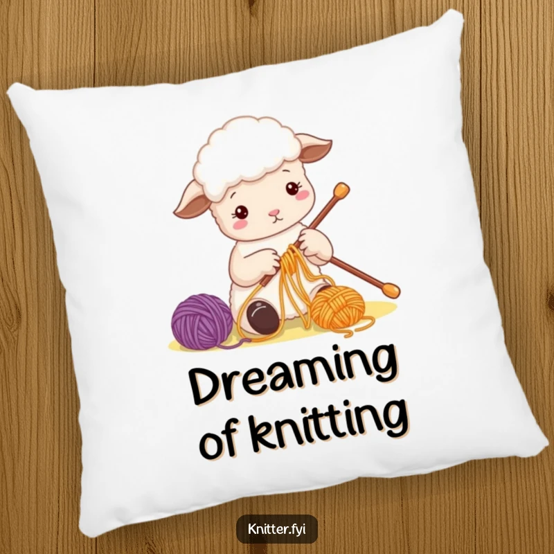 Funny Sheep Pillow with a cute sheep character busily threading colorful yarn onto a large needle, perfect for cozy spaces.