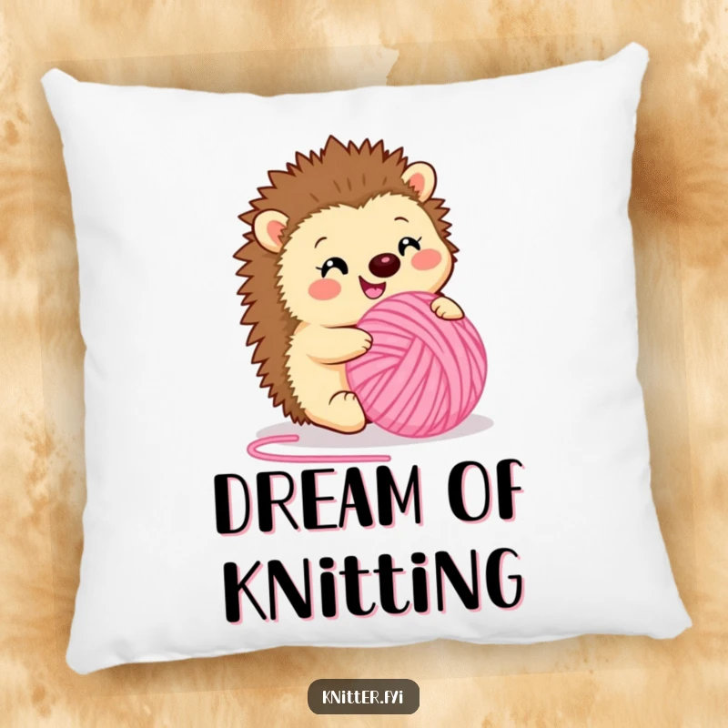 Funny pillow featuring a happy hedgehog rolling a ball of fuzzy pink yarn. Soft, cozy, and utterly charming, a perfect funny gift.