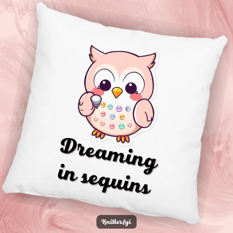 Funny Kawaii owl character using a thimble to tap a sequin, a soft and plush pillow for charming decor.