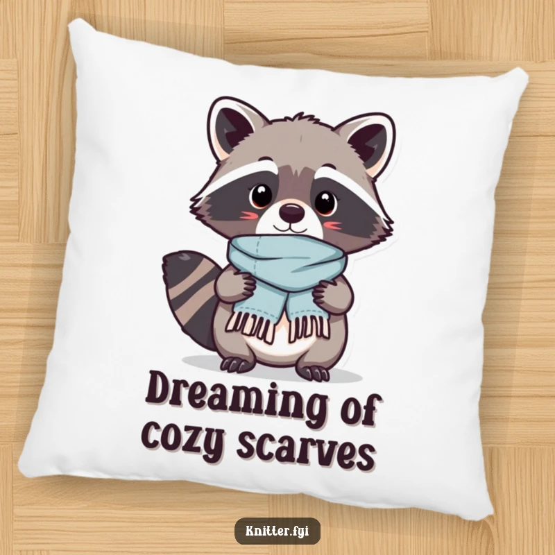 Funny Kawaii raccoon character proudly displaying a tiny, perfectly stitched scarf it just finished, a soft and plush pillow.