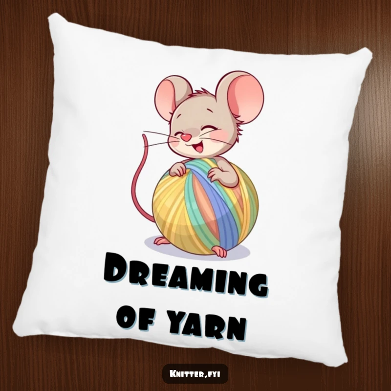 Funny Pillow showcasing a giggling mouse character spinning a large ball of colorful yarn, offering soft comfort and creative vibes.
