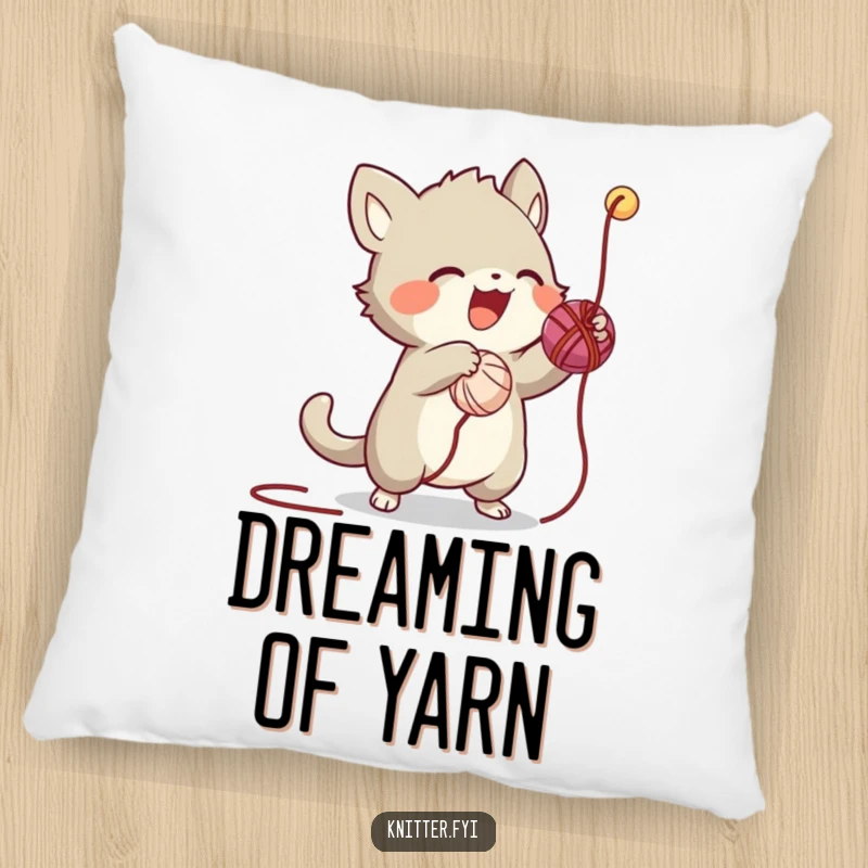 Funny pillow design showcasing an energetic creature playfully attacking a loose thread from a ball of yarn, embodying pure fun.