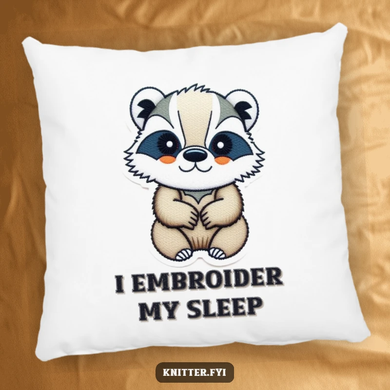 Funny badger pillow depicting a determined badger embroidering, a humorous and cozy decorative item.
