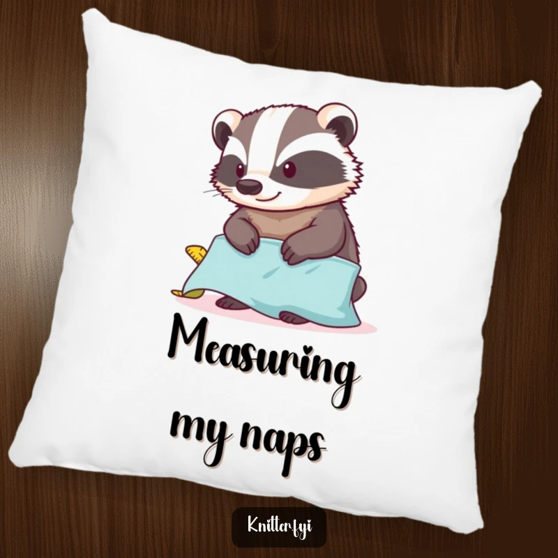 Funny content badger pillow measuring fabric with a tape measure, adding humorous and cozy charm to home decor.