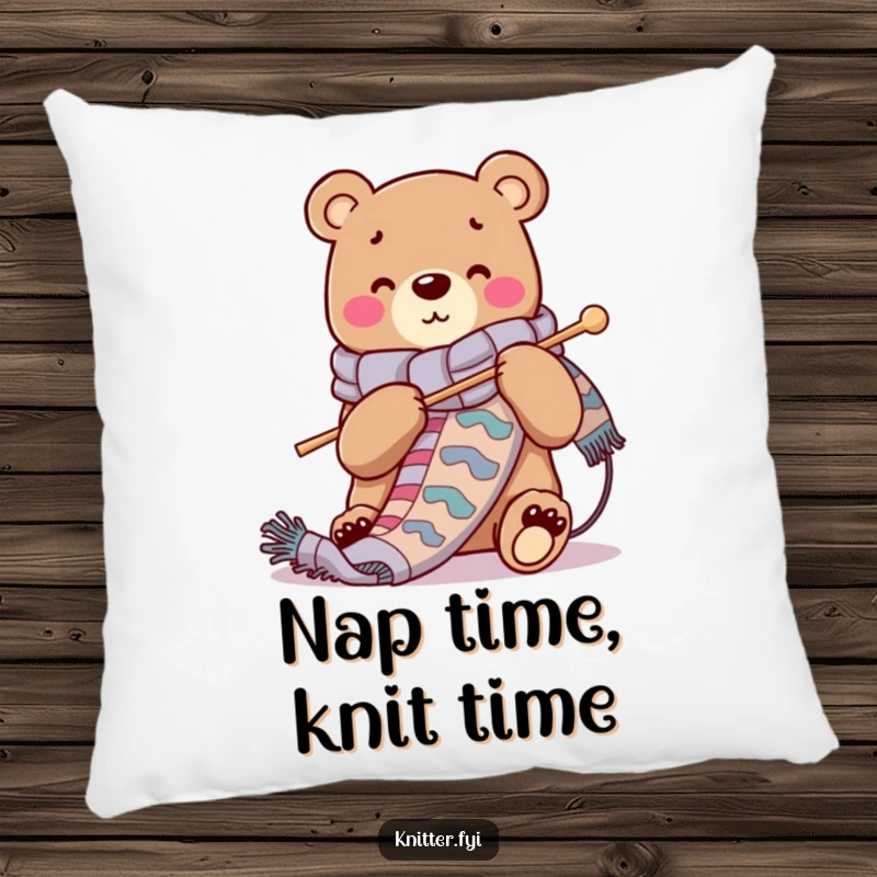 Funny pillow showcasing a cheerful bear character knitting a long scarf, adding cozy charm to any room.