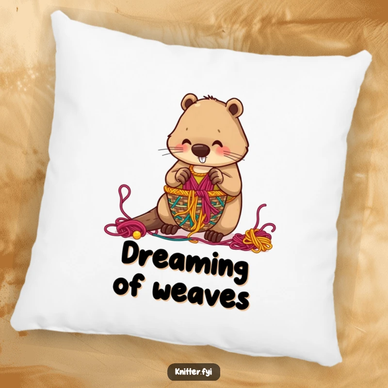 Funny beaver pillow showing a hardworking beaver weaving a basket from colorful threads, offering comfort and charm.
