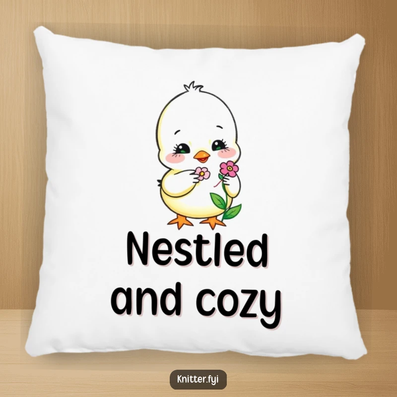 Funny Pillow featuring a sweet chick carefully embroidering a tiny, smiling flower, offering comfort and a heartwarming touch.