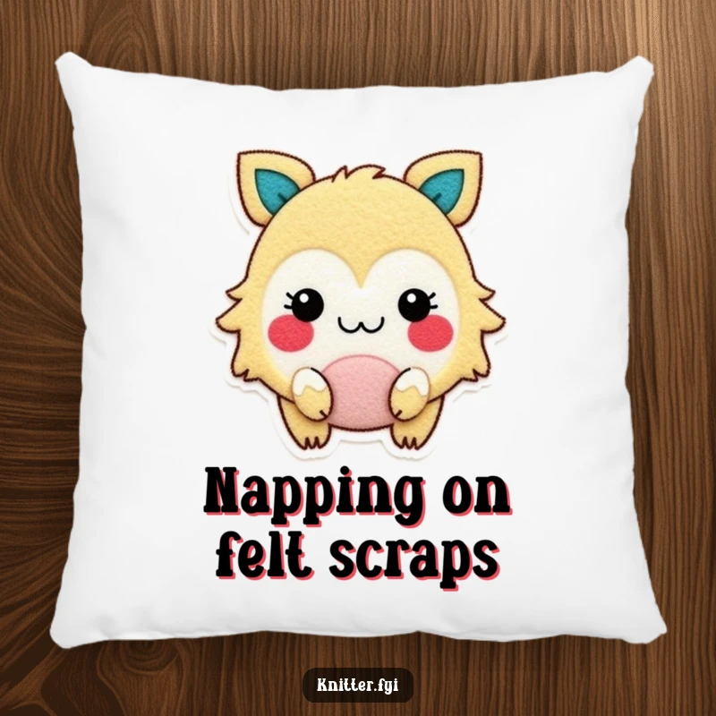 Funny pillow with a cute, rosy-cheeked creature happily engaged in cutting felt, offering both comfort and a chuckle.