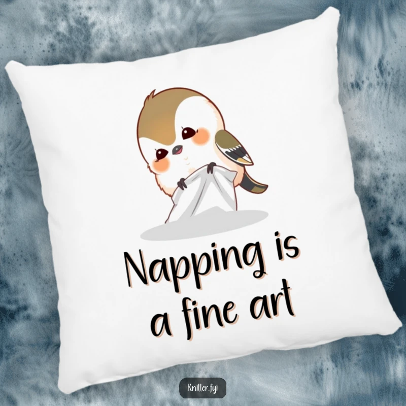 Funny pillow displaying a small, giggling chickadee bird engaged in the humorous act of pecking at a textured fabric.