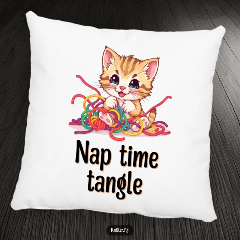 Funny kitten yarn pillow, depicting a playful kitten happily tangled in colorful yarn, a soft and whimsical accent.