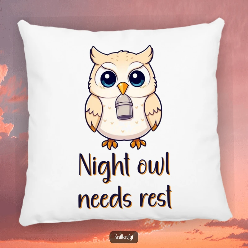 Funny owl pillow featuring a delighted owl with a thimble on its beak, perfect for adding a humorous and cozy touch.
