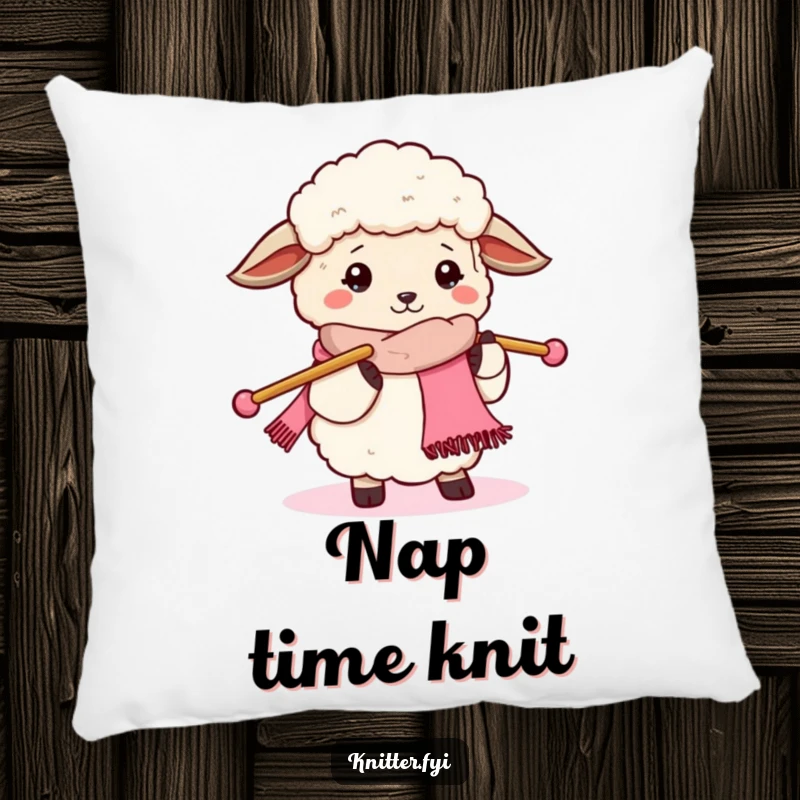 Funny sheep knitting pillow, depicting a fluffy sheep contentedly knitting a scarf with large needles, a soft cozy accent.