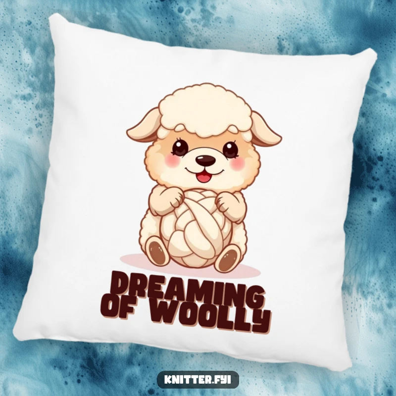 Funny sheepdog pillow, a fluffy dog happily spinning a ball of wool with its paws, soft and decorative.