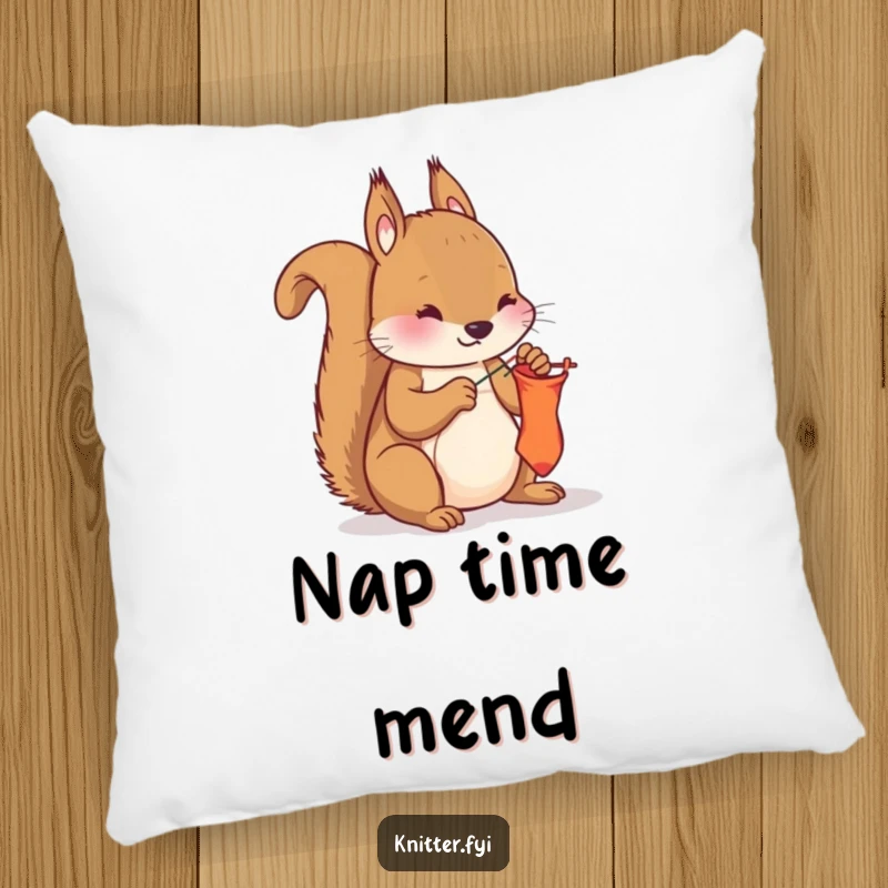 Funny squirrel mending pillow, depicting a diligent squirrel sewing a sock with needle and thread, a soft and resourceful accent.