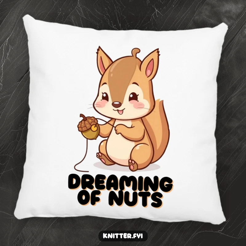 Funny Squirrel Pillow: A cheerful squirrel meticulously stitches a tiny acorn cap, a cute and funny decorative pillow.